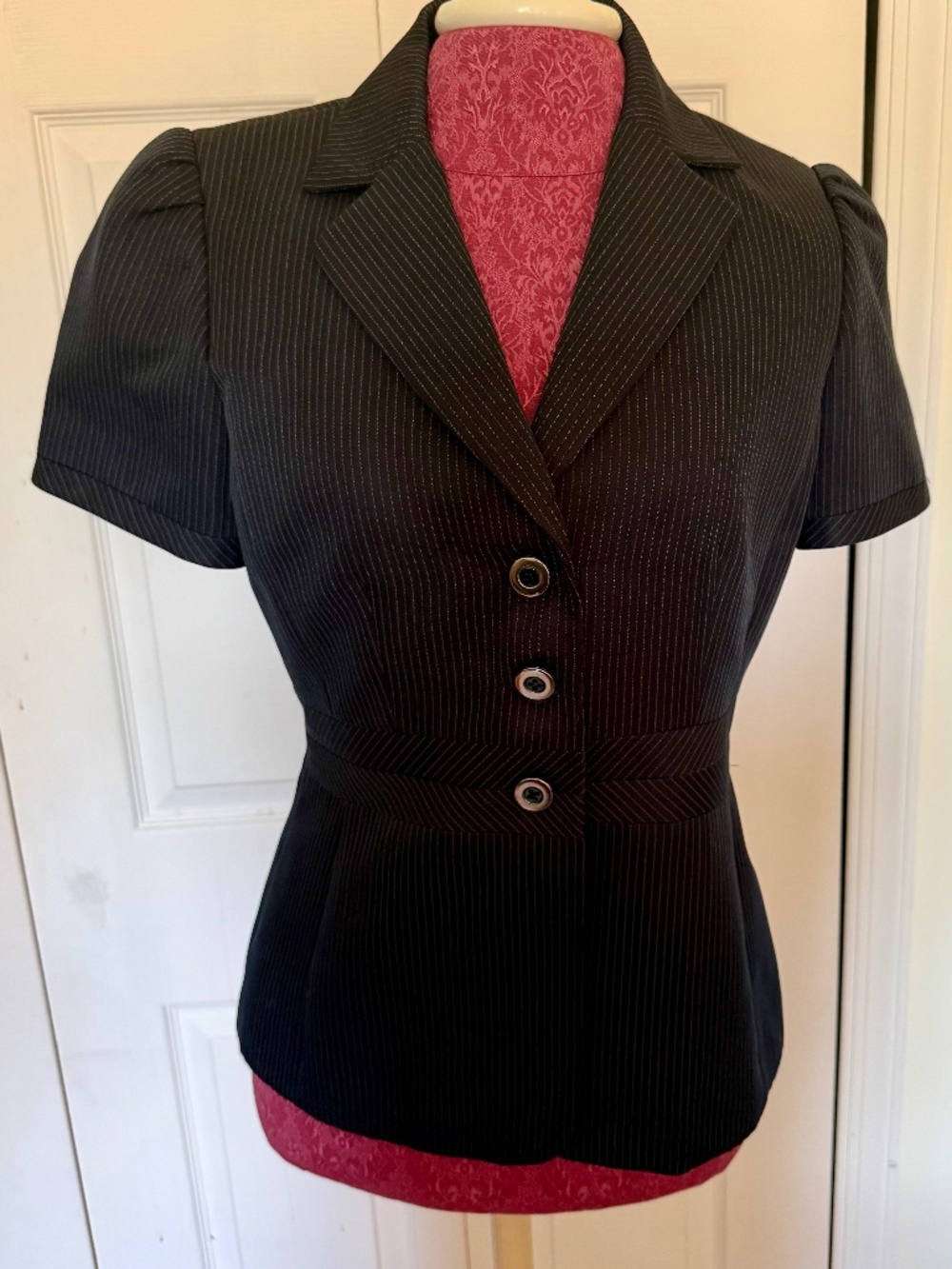 Navy Pinstripe Tahari Peplum Short Sleeve Pant Suit